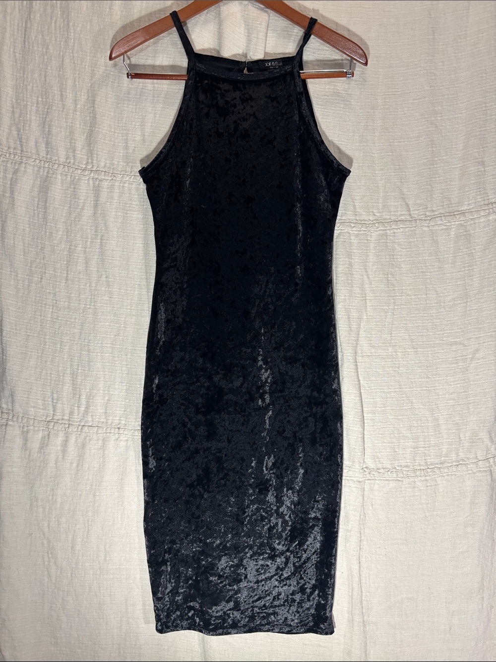 Joe & Elle Black Crushed Velvet Halter Bodycon Midi Dress Size L Made in USA